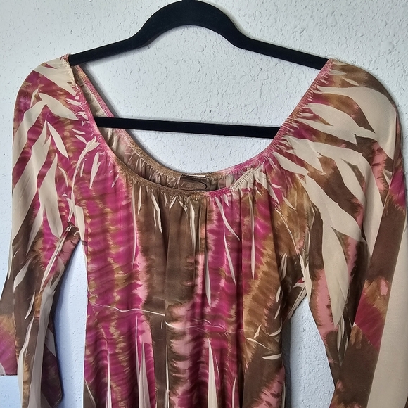 Vtg Rave Top Womens Medium Flowy‎ Asymmetrical Fairy Y2K Babydoll Shirt Pink Tan - Picture 3 of 11